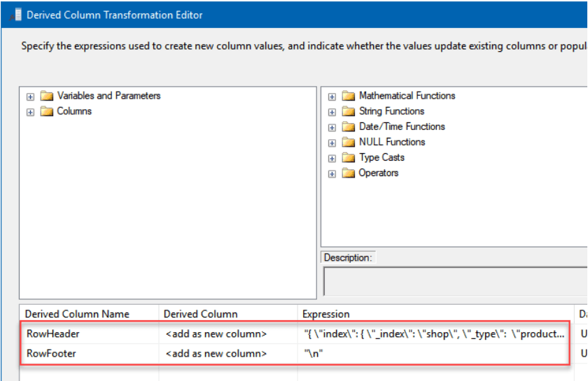 SQL Server to elasticsearch - Derived Column Transformation editor page