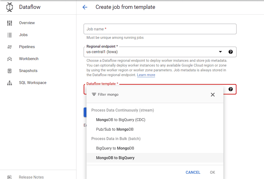 MongoDB to BigQuery - Create a Dataflow pipeline from Dataflow UI - 