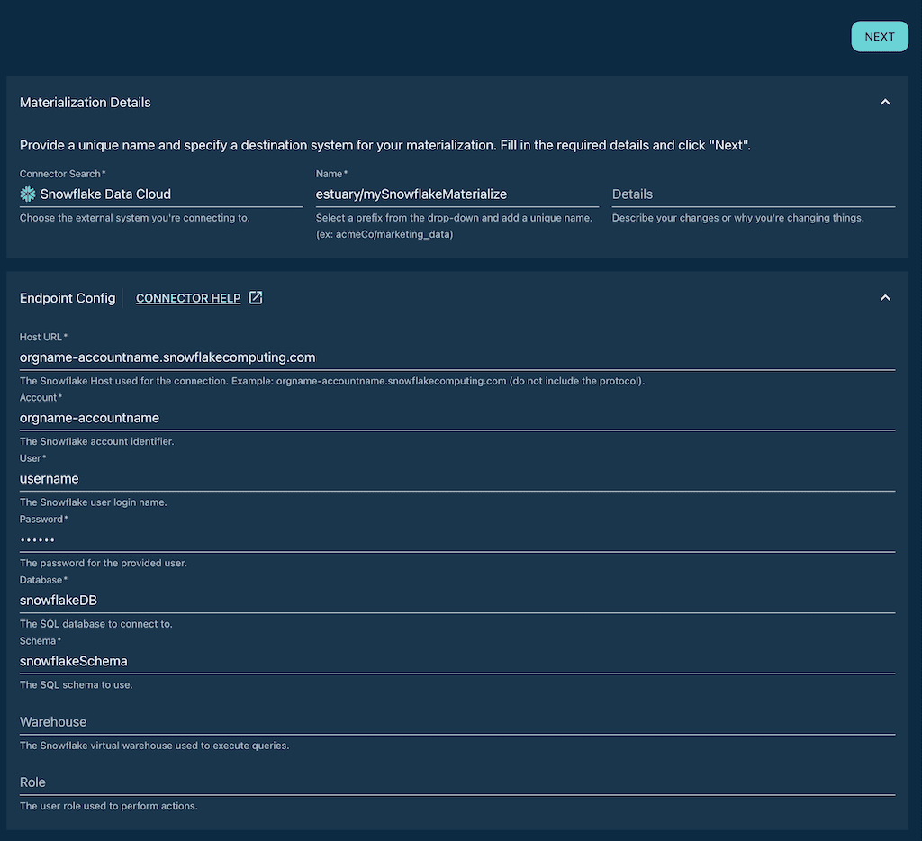 snowflake data materialization estuary flow screenshot