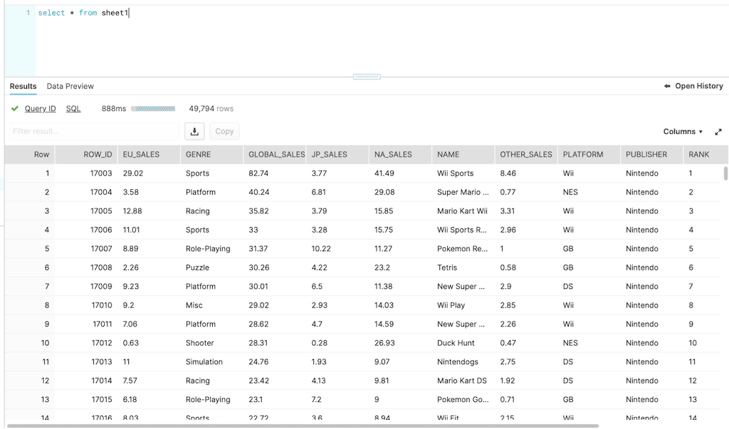 google sheets to snowflake - select * from sheet 1