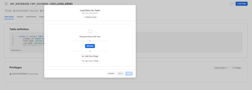 aircall to snowflake - load data in snowflake