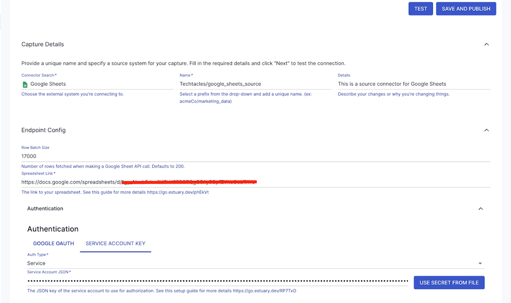 google sheets to snowflake - capture config