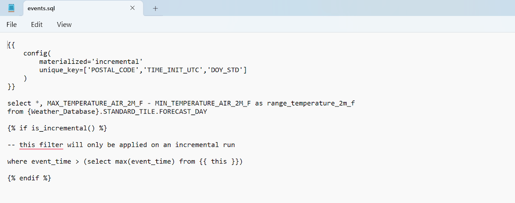 incremental model dbt snowflake - code