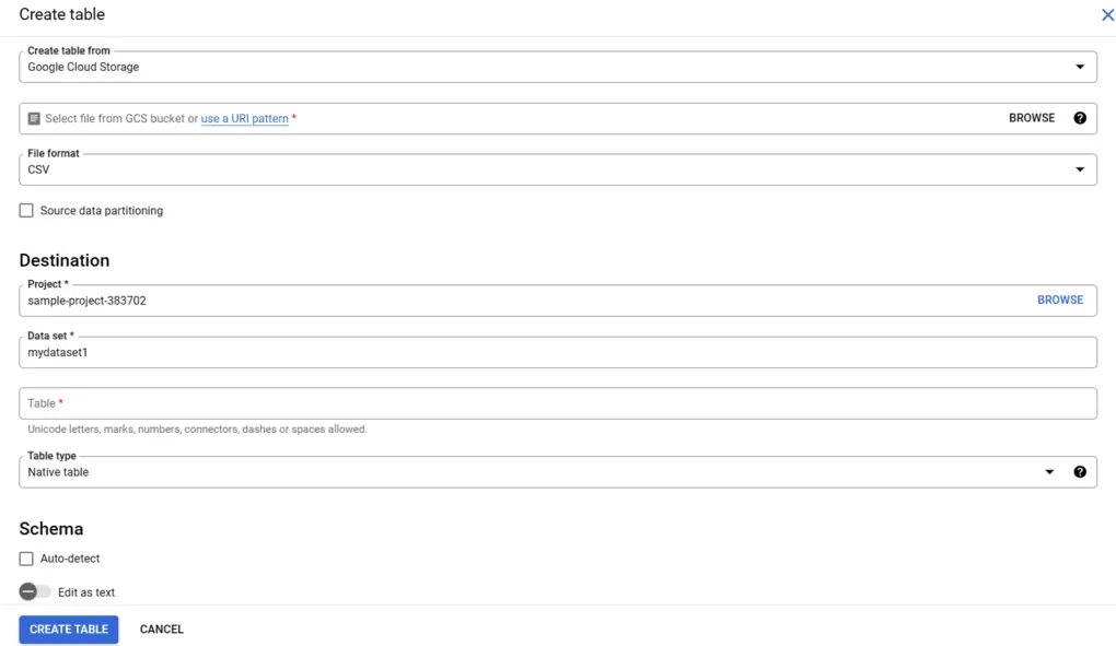 Netsuite to Bigquery - Create Table - Specify where to load your Netsuite data in BigQuery