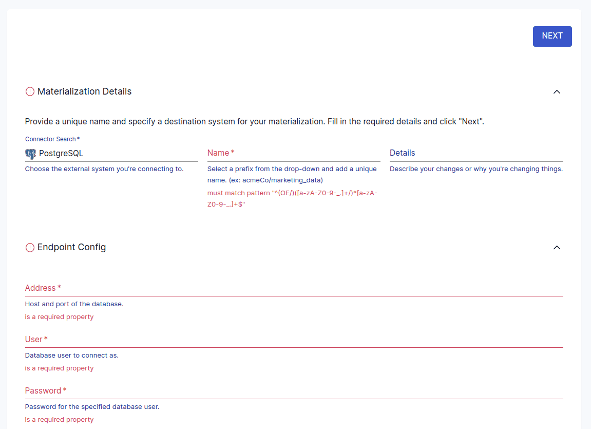 Mongodb to Postgresql - Postgres Materialization Details - Endpoint Configuration