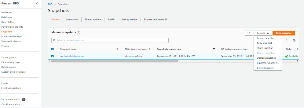 Amazon RDS to Snowflake - Snapshots